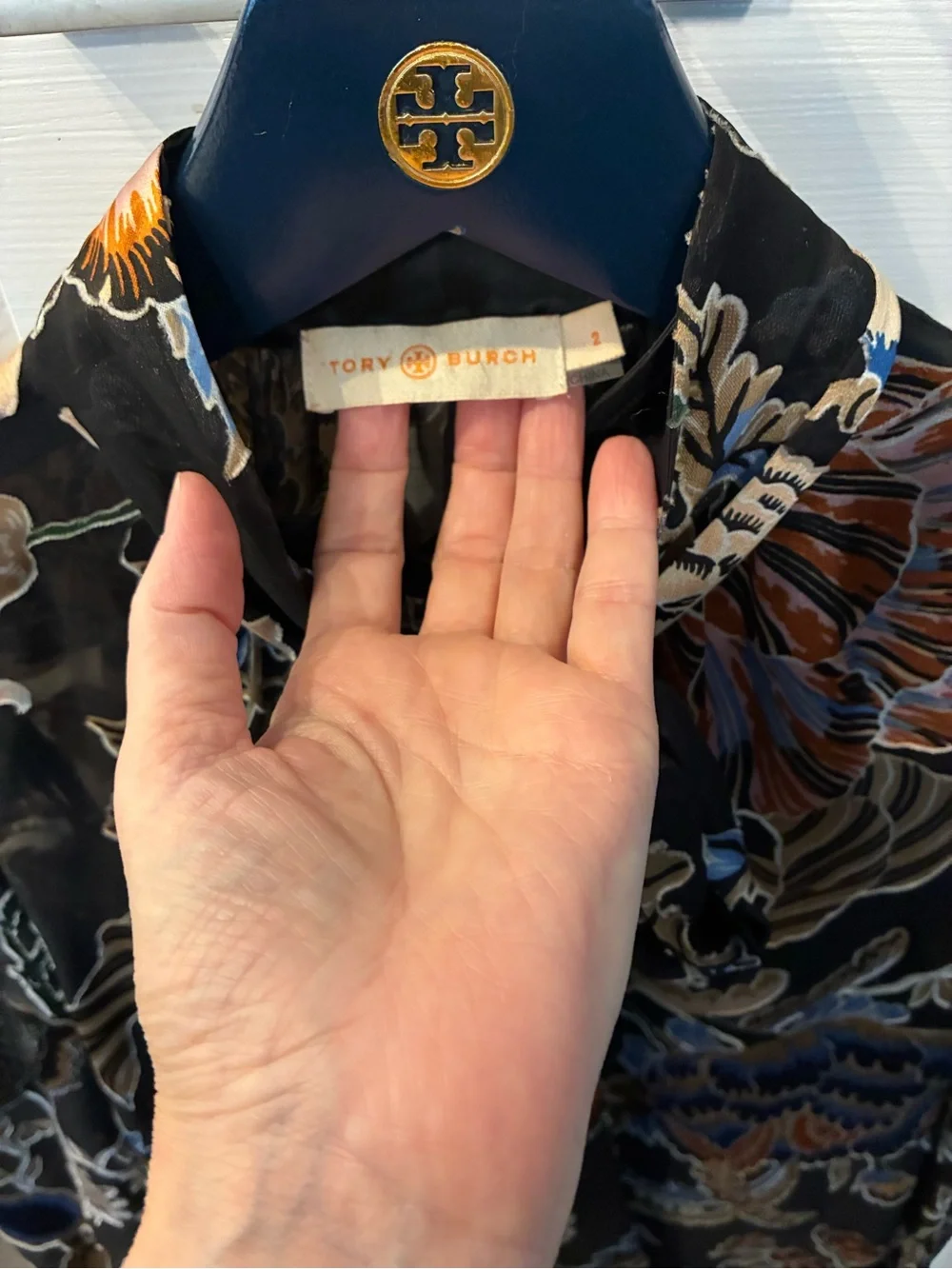 Tory Burch Black Floral Tie-Neck Blouse with Blue, Cream & Orange Accents